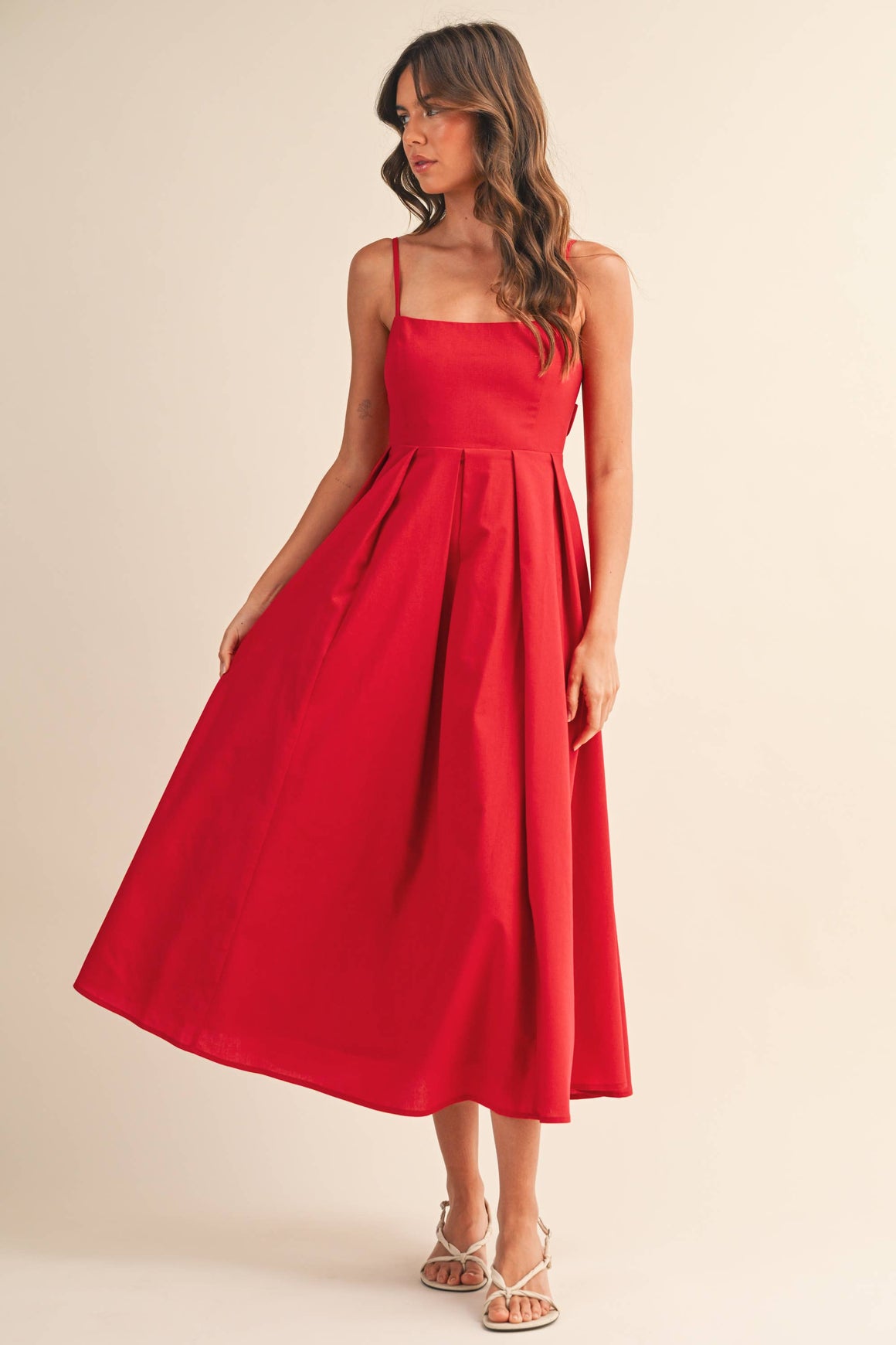 ID9138-C LINEN SLEEVELESS TIE BACK FLARED MIDI DRESS: Red / S-Klesis-Max & Riley