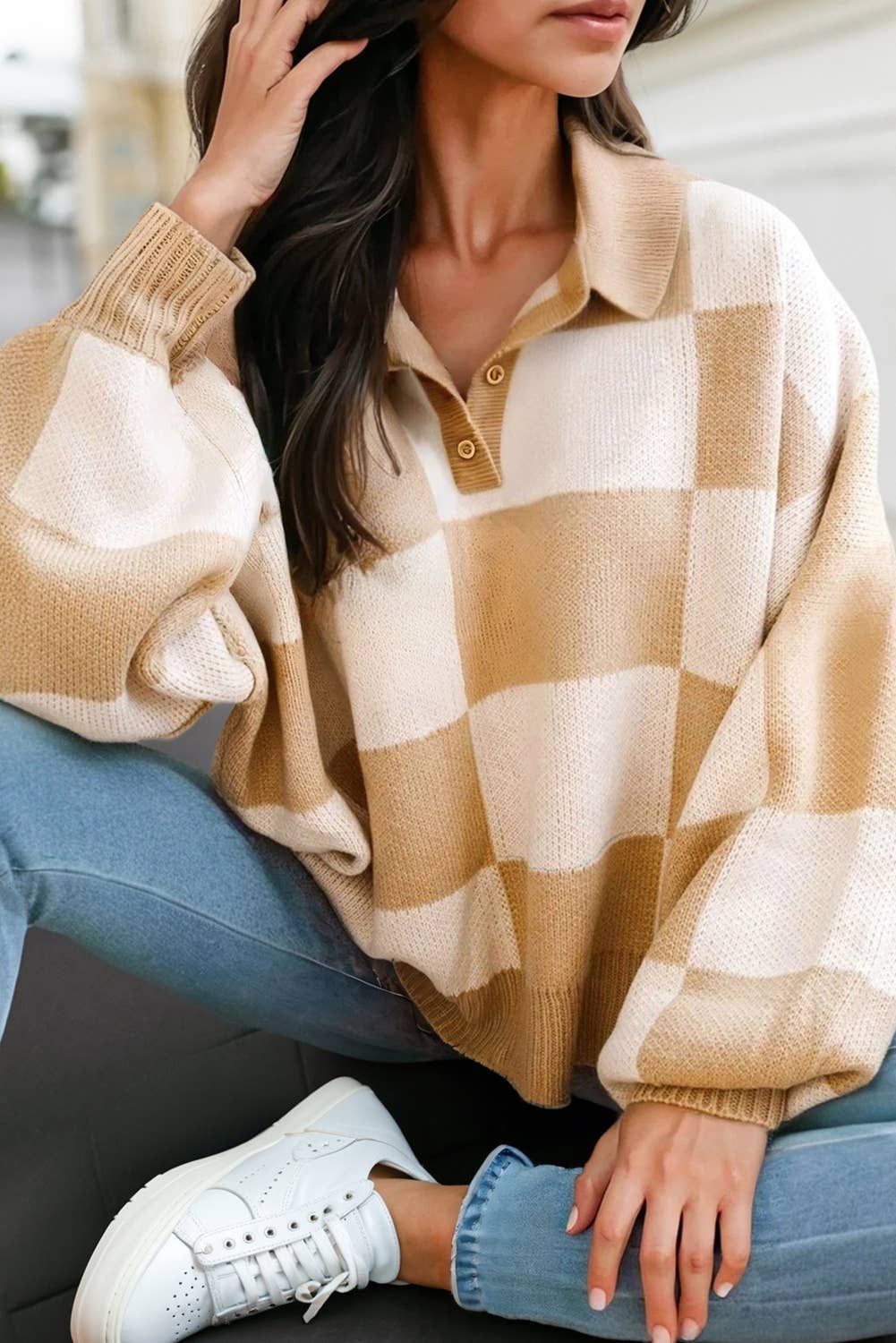 Checkered V Neck Long Sleeve Sweater | S-XL: Green / Missy / XL-Aapparella-Max & Riley