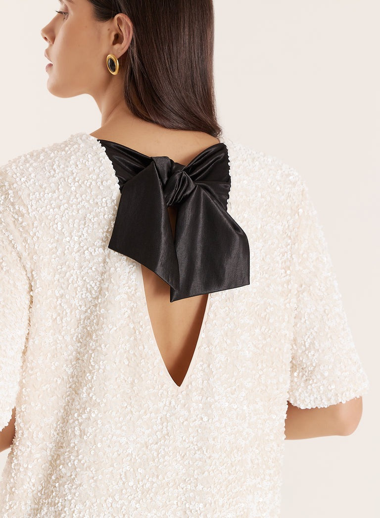 Elodie Cream Sequin Bow Tie Back Mini Dress-Dresses-4th & Reckless-Max & Riley