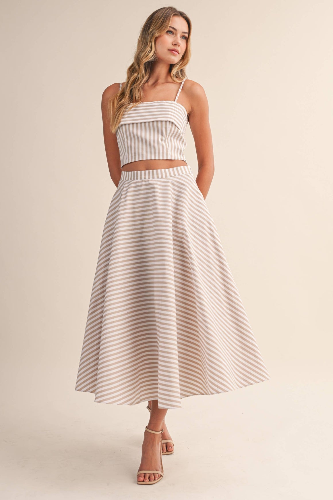IST6325 STRIPED CROP TOP AND A-LINE MIDI SKIRT SET: Beige / S-Klesis-Max & Riley