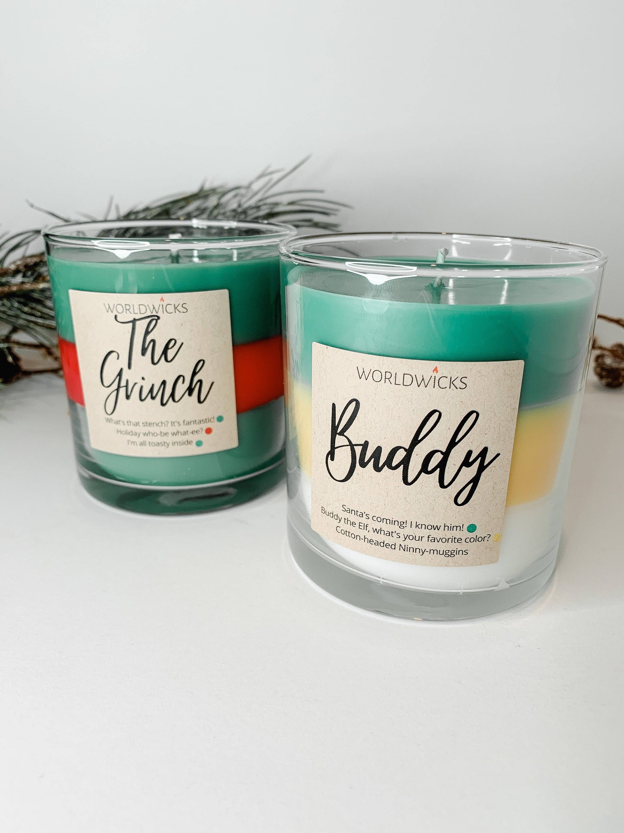 Christmas Movie Character Grinch and Elf Inspired Candles